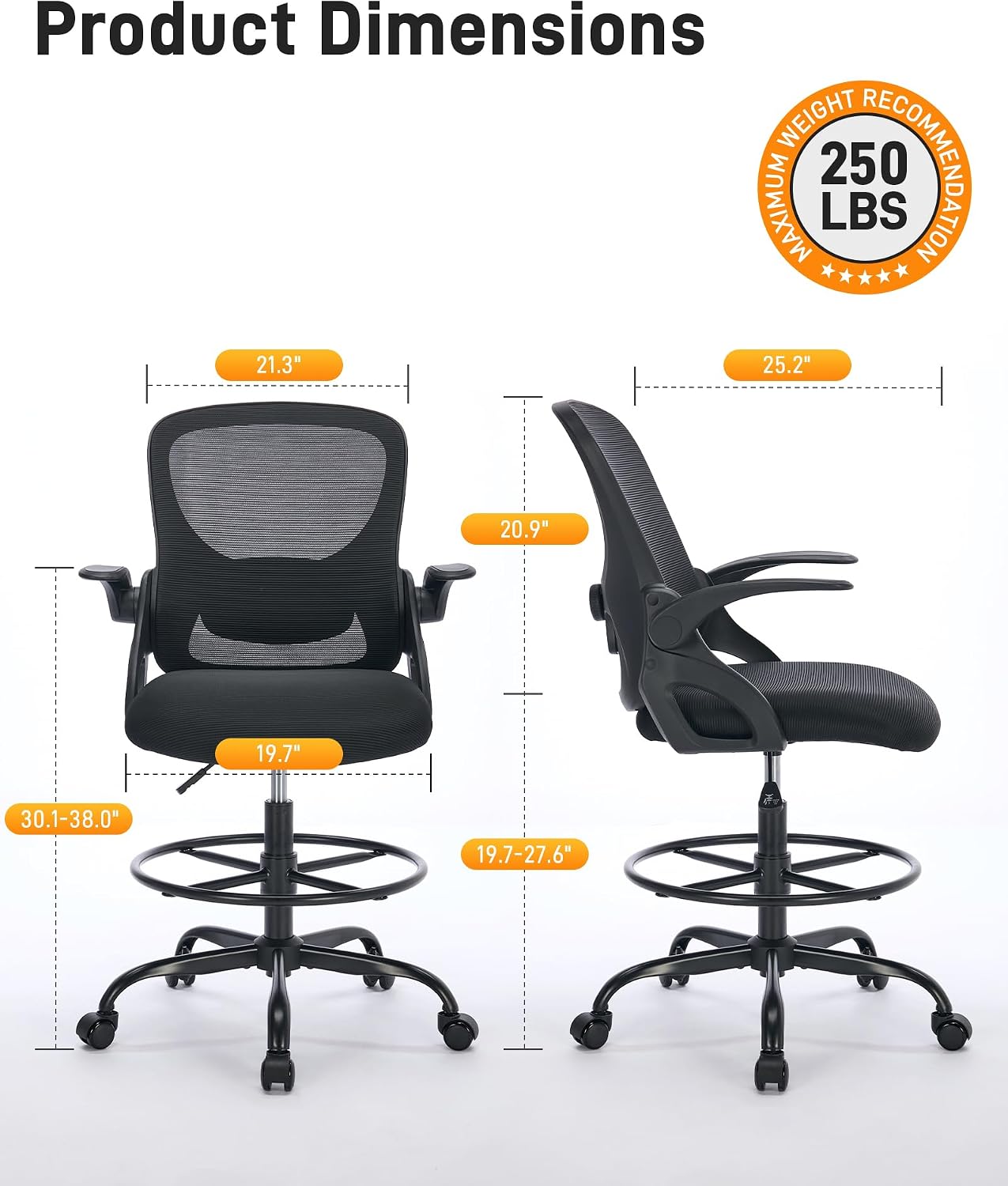LukkDys Drafting Chair with 4D Multi-Adjustable Backrest, Tall Office Chair 19.7"-27.6" Seat Height, Ergonomic Standing Desk Chair with Flip-up Arms, Foot Ring, Black
