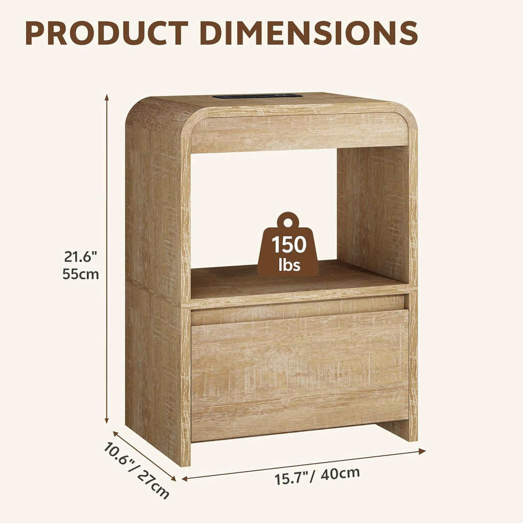 End Tables Living Room Set of 2, Bedside Table with Drawer and Storage, Set of 2, Nightstand with Charging Station, Wood End Table Curved Modern Night Stand for Bedroom, Living Room, Natural