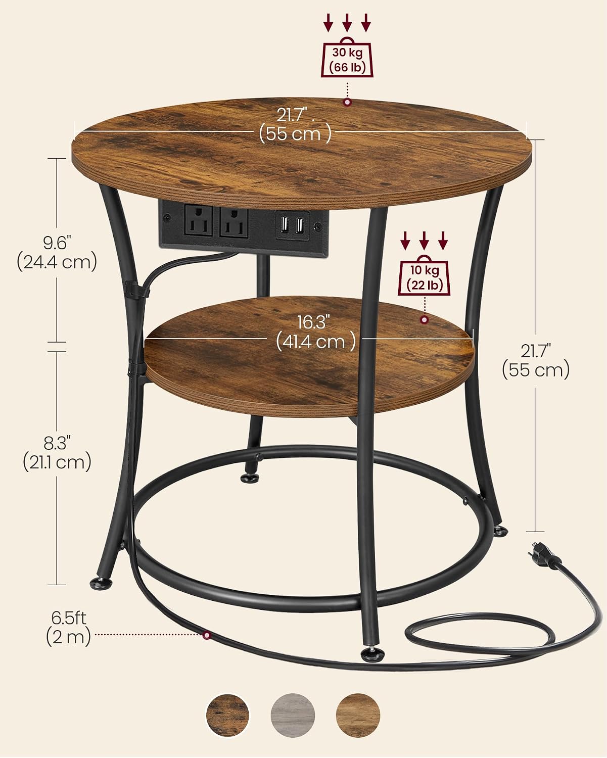 VASAGLE 21.7-Inch Round Side Table, 2-Tier End Table | Nightstand with Steel Frame, Spacious Top, for Small Spaces, Living Room, Bedroom, Rustic Brown and Ink Black ULET077K01