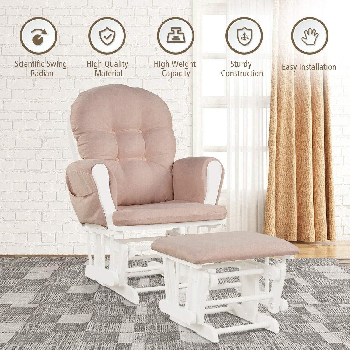 Nursery Rocking Chairs Nursery Glider Rocking Chair Wood Baby Rocker with Ottoman Cushion Upholstered Nursing Chair with Padded Arms (Pink)