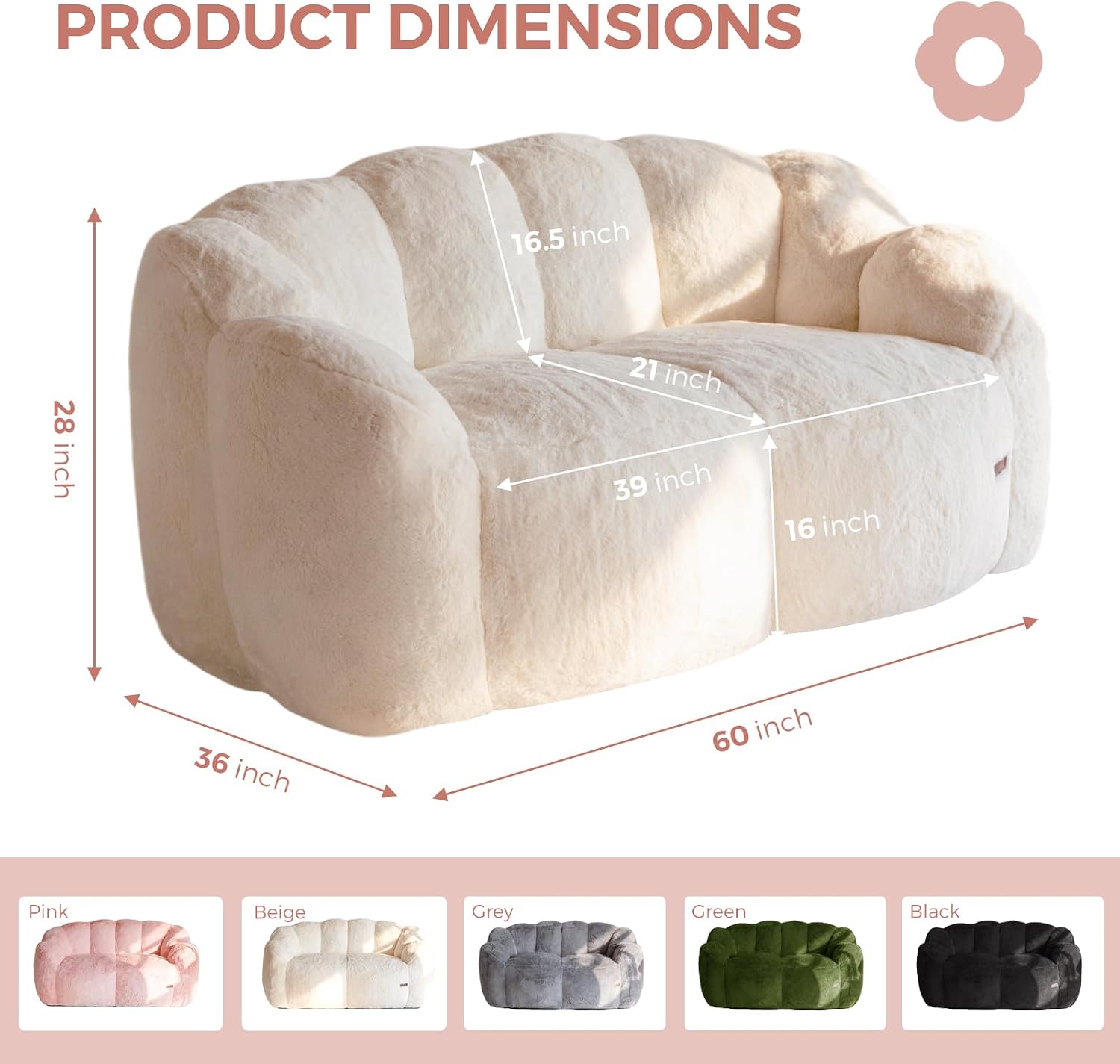 MAXYOYO Bean Bag Chair for Adults, Floral Shaped Bean Bag Sofa | Ultra Soft Faux Fur Floor Sofa, Large Reading Chair for Living Room Bedroom, Beige, Double