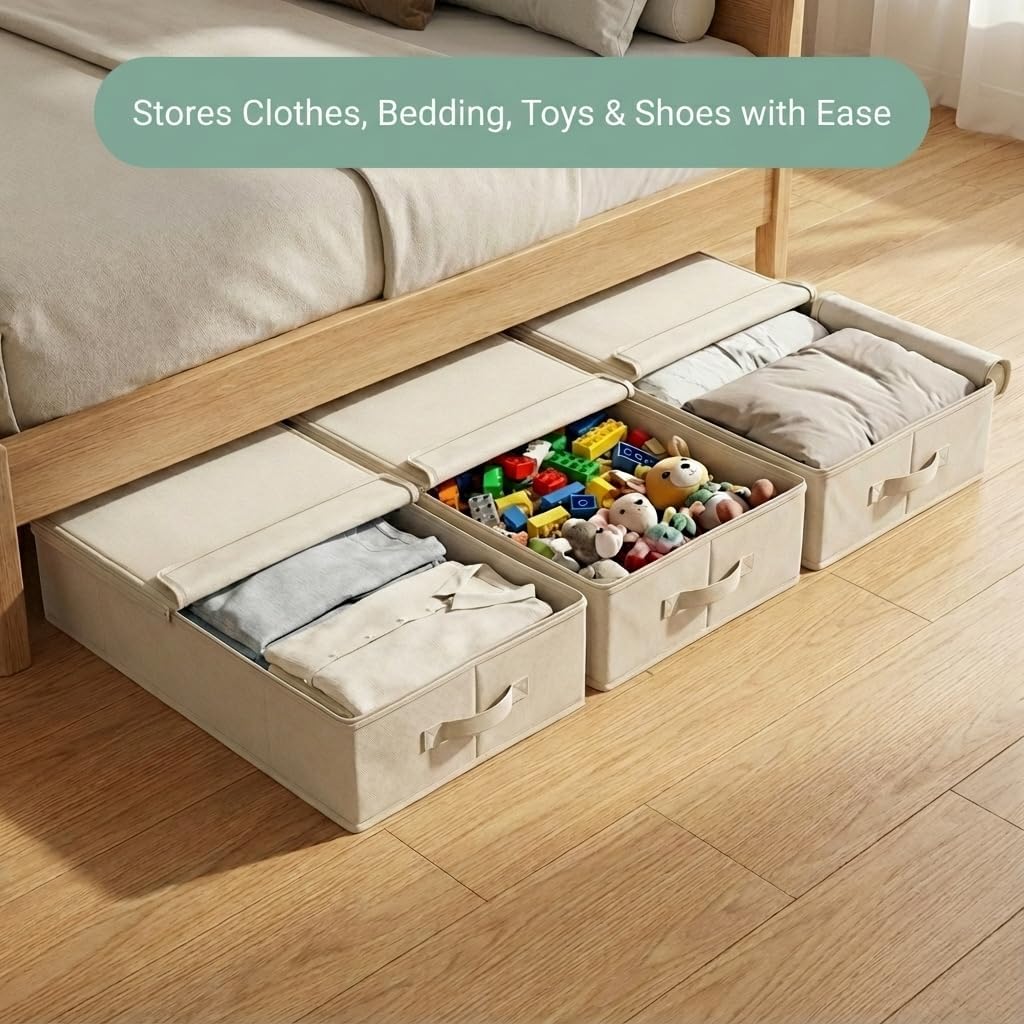 iwill CREATE PRO Breathable Fabric Under Bed Storage Box, Foldable, 70x40x12cm with Zipper Dust Cover, Pack of 3