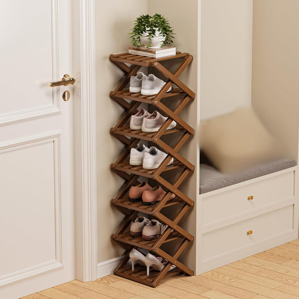 Foldable Shoe Rack, 1 Pack Multi Tier Bamboo Vertical Shoe Organizer Tall for Multifunctional Narrow Shoe Shelf, Space Saving Footwear Holder Unit for Entryway Closet Corner Hallway