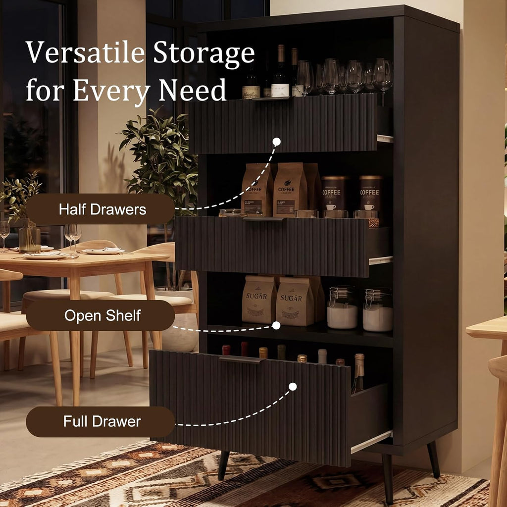 51.2" H Home Coffee Bar Cabinet with 3 Drawers & Open Shelves, Freestanding Liquor Cabinet Storage, Modern Buffet Sideboard, Wine Rack Cabinet, Coffee Station for Kitchen Dining Living Room