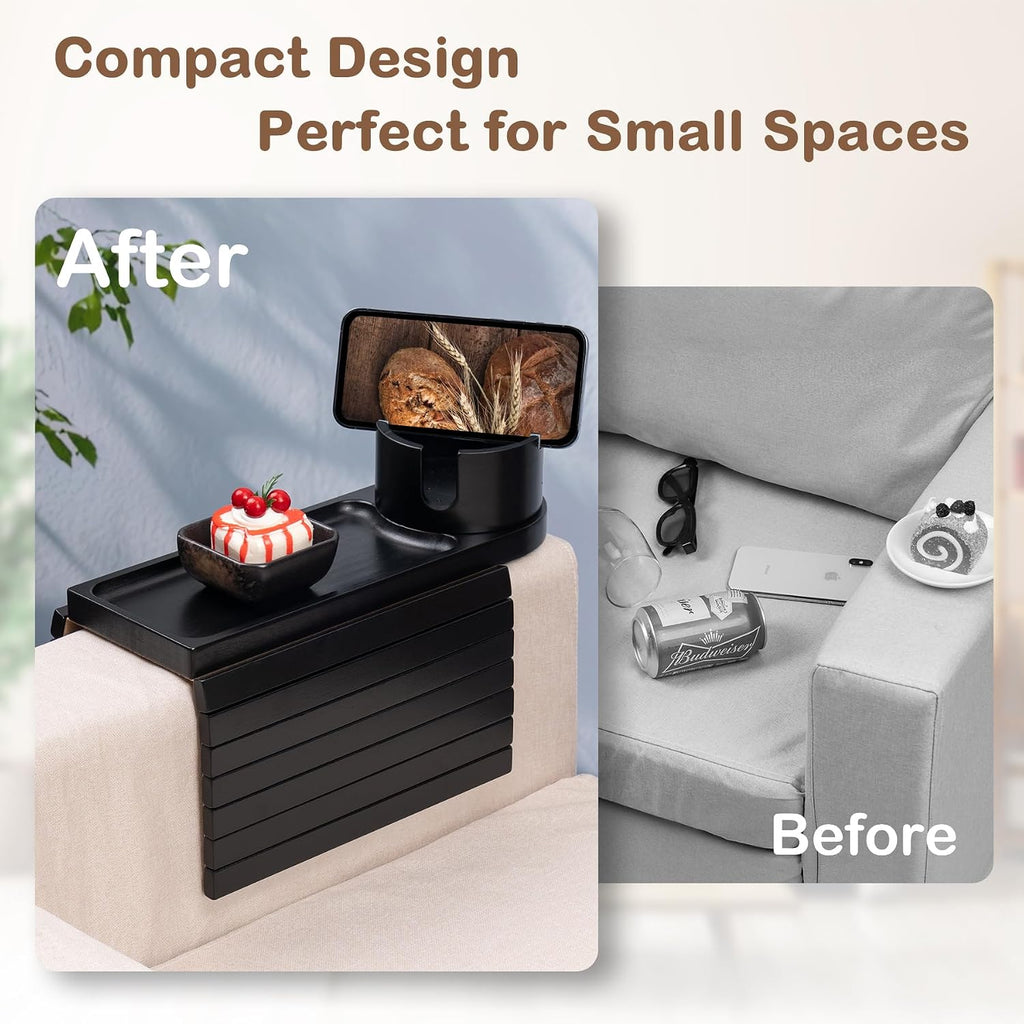 Couch Cup Holder for Armrests Over 4.9" Wide with 360° Phone Stand Black | Couch Arm Tray with 360° Rotating Phone Stand, 3 in 1 Foldable Sofa Arm Tray Table for Remote, Snacks, Phone, Drinks
