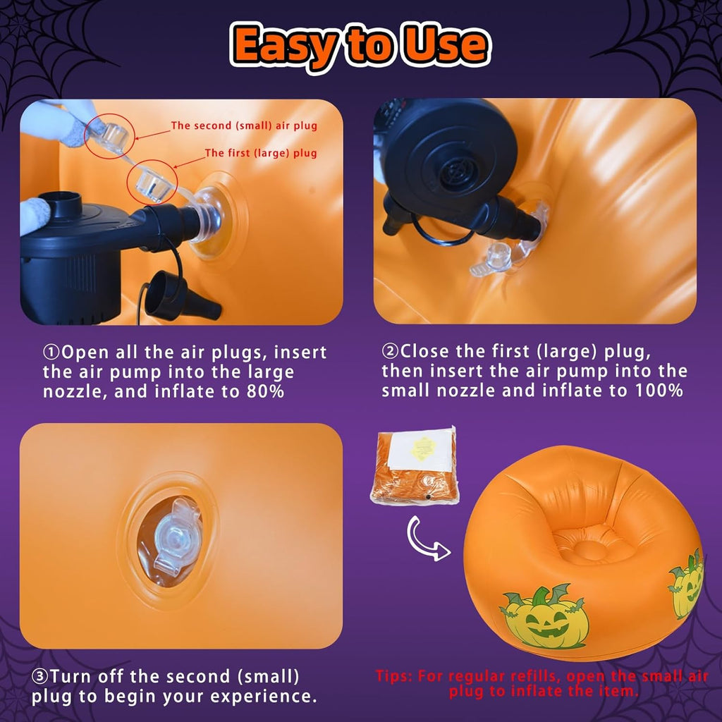 Inflatable Bean Bag Chair Sofa for Kids with Pumpkin Pattern Glow in the Dark, Blow up Air Lounge Chairs Furniture Couch for Camping Movie Night Halloween Decoration Clearance