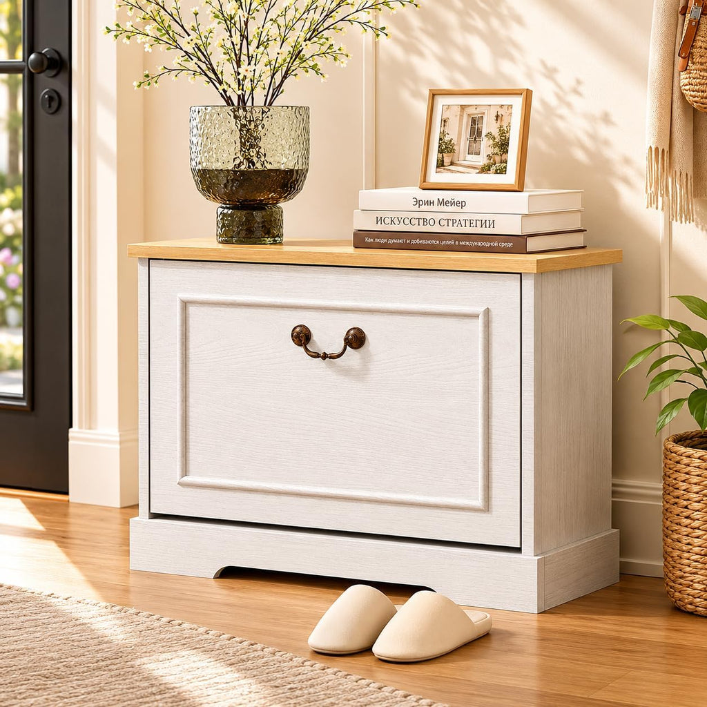RASOO Flip Drawer Shoe Cabinet for Kids, 3-Tier Shoe Organizer Storage Cabinet with 2 Adjustable Shelves, Space-Saving Hidden Shoe Rack Bench for Entryway Hallway