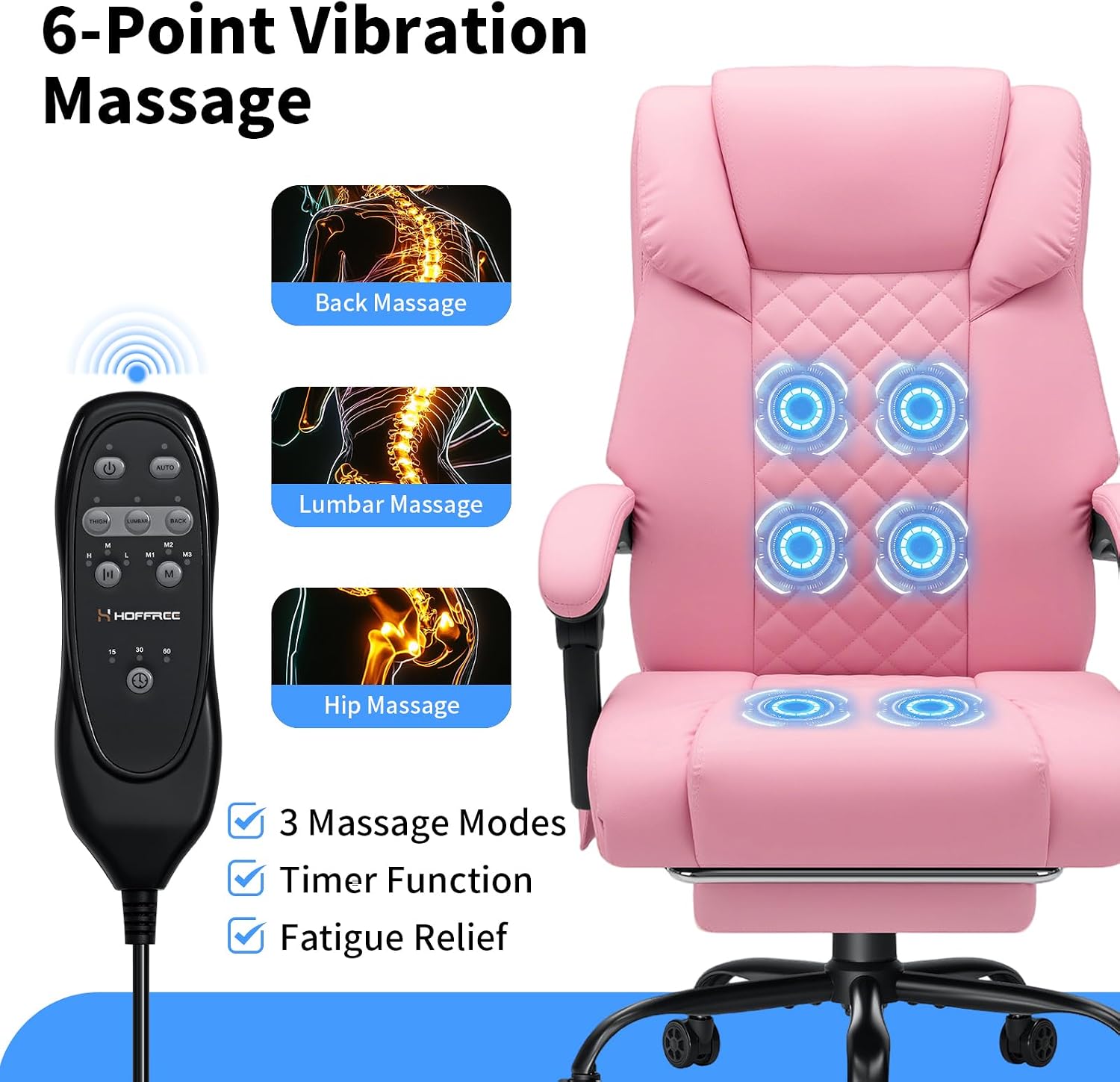 HOFFREE 400lbs Massage Office Chair with Foot Rest 6 Points Vibration Ergonomic Executive Office Chair Reclining High Back Computer Desk Chairs Pink