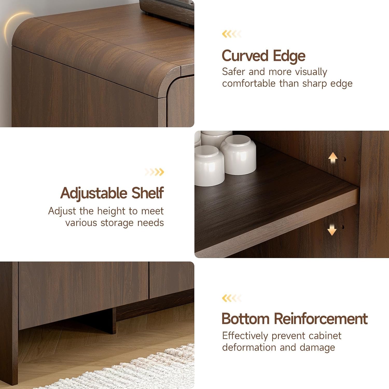 ONBRILL 60" Sideboard Buffet Cabinet with Storage, Curved Design Farmhouse Modern Coffee Bar Cabinet with 4 Doors & Adjustable Shelves for Living Room, Kitchen, Hallway, Walnut