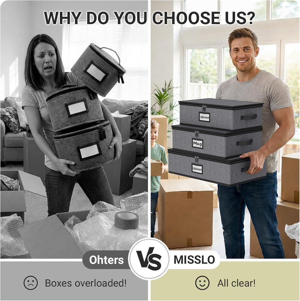 MISSLO Large Capacity China Storage Containers Hard Shell Plate Storage Containers, Kitchen Packing Moving Boxes for Dishes, Dinnerwares, Mugs Protectors, Grey, 3 Piece Set