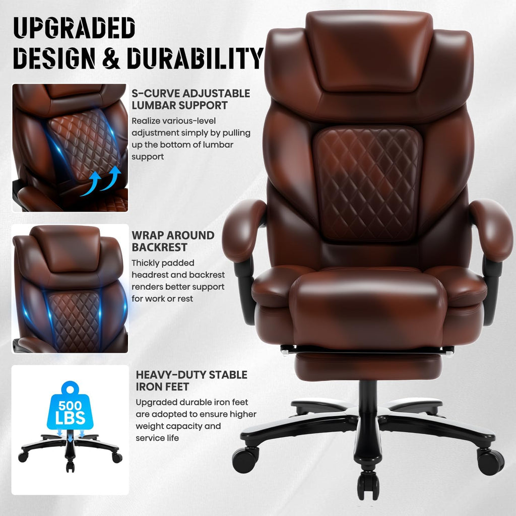 Big and Tall Recliner Office Chair with Footrest, Wide Seat Heavy Duty Reclining Office Desk Chair for 500lbs Heavy People, Black Brown