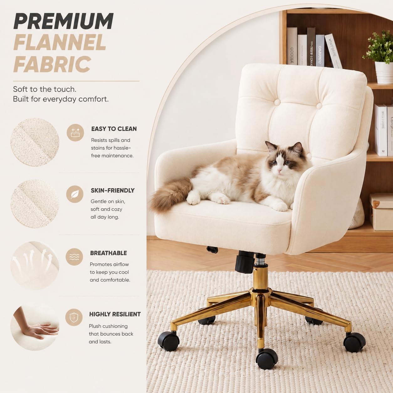 Modern Home Office Chair Velvet Desk Chair Accent Armchair Gold Legs Swivel Task Chair with Wheels Ergonomic Lumber and Back Support, Height Adjustable Flip-up for Living Room, Bedroom, Office,Study
