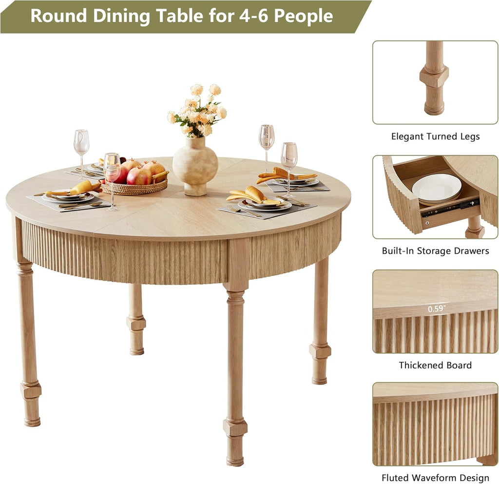 Fluted Round Dining Table for 4-6 People,47 Inches Dining Room Table with 2 Drawers,Modern Farmhouse Dinner Tables Circle Kitchen Tables with Wood Legs Base for Dining Room Kitchen Living Room,Natural