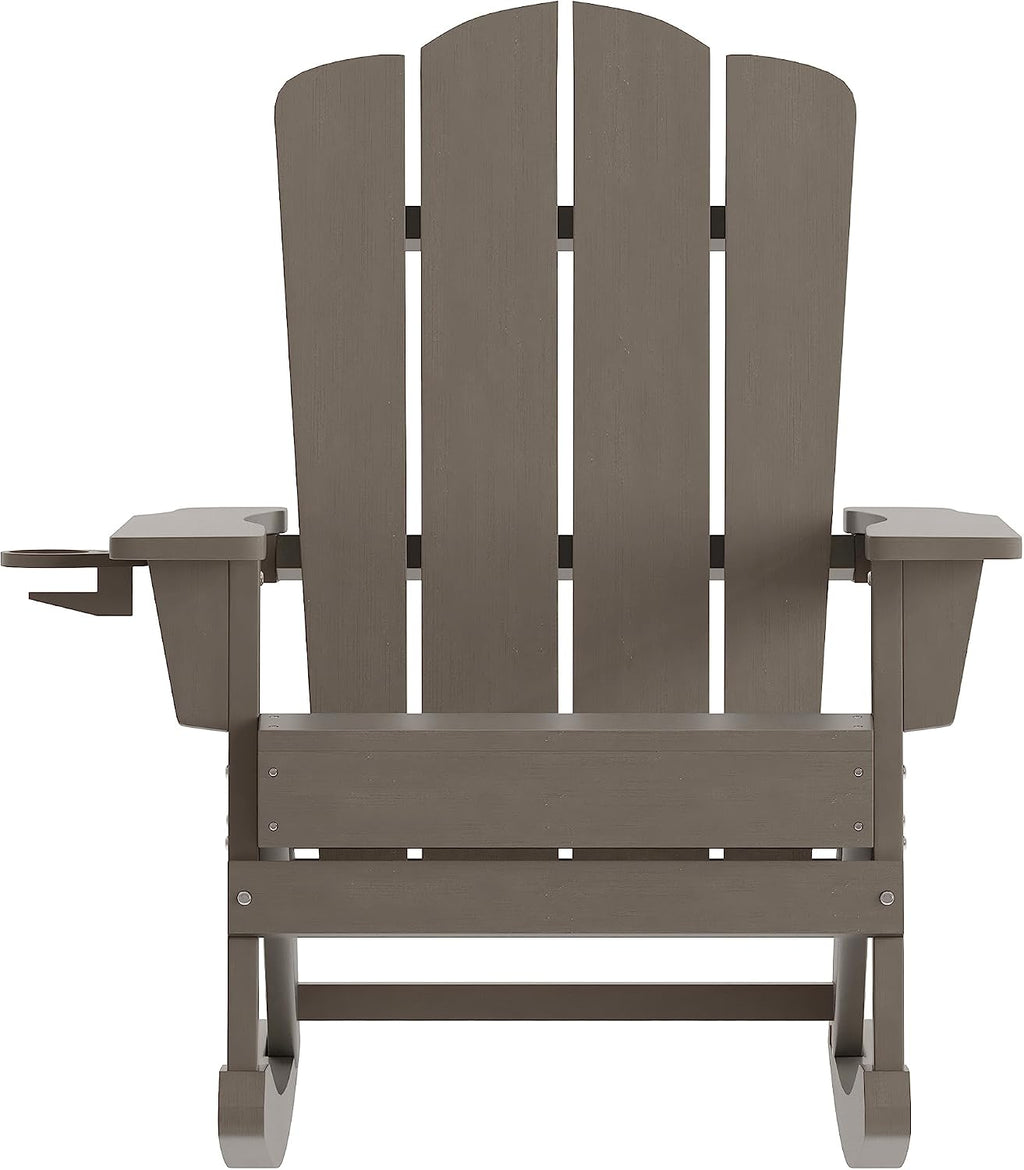 Flash Furniture Newport Adirondack Rocking Chair with Cup Holder, Weather Resistant Poly Resin Adirondack Rocking Chair, Brown