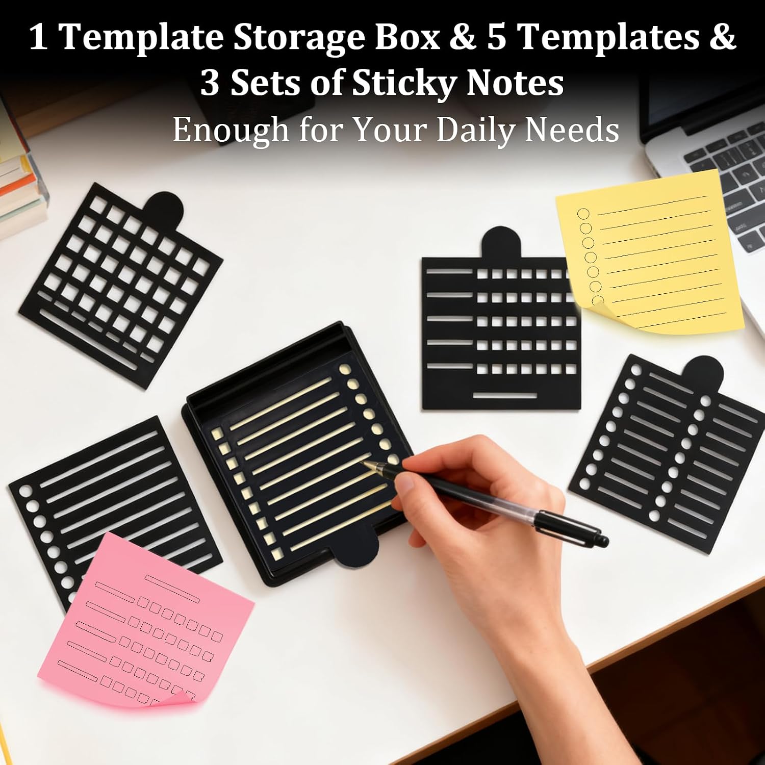 Sticky Note Stencil and Holder with 5 Templates, Reusable 3"x3" Template Compatible with Post It Notes for Office and Home
