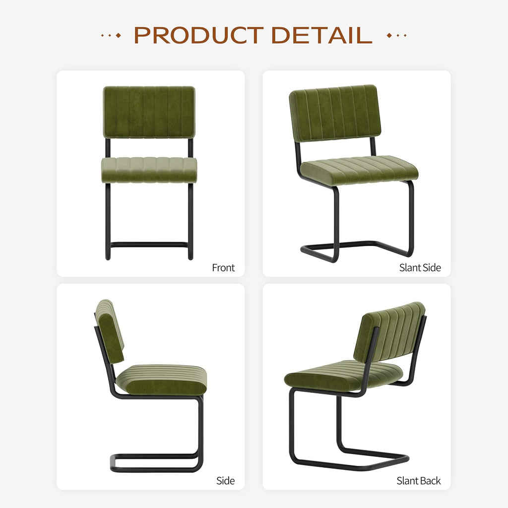 Mid Century Velvet Dining Chairs, Green Dining Chairs Set of 4, Modern Armless Side Chair, Cantilevered Back, Comfy Seat, Metal Legs, Industrial for Kitchen, Restaurant, Living Room, Olive