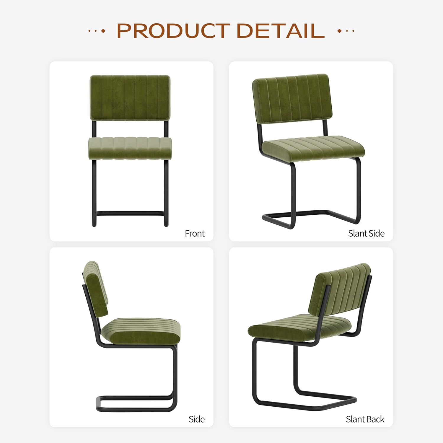 Mid Century Velvet Dining Chairs, Green Dining Chairs Set of 4, Modern Armless Side Chair, Cantilevered Back, Comfy Seat, Metal Legs, Industrial for Kitchen, Restaurant, Living Room, Olive