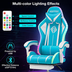 RGB Gaming Chair with LED Lights Massage Ergonomic Computer Gaming Chair High Back Video Game Chair with Footrest and Adjustable Lumbar Support Linkage Armrest Gamer Chairs for Adults Blue and White