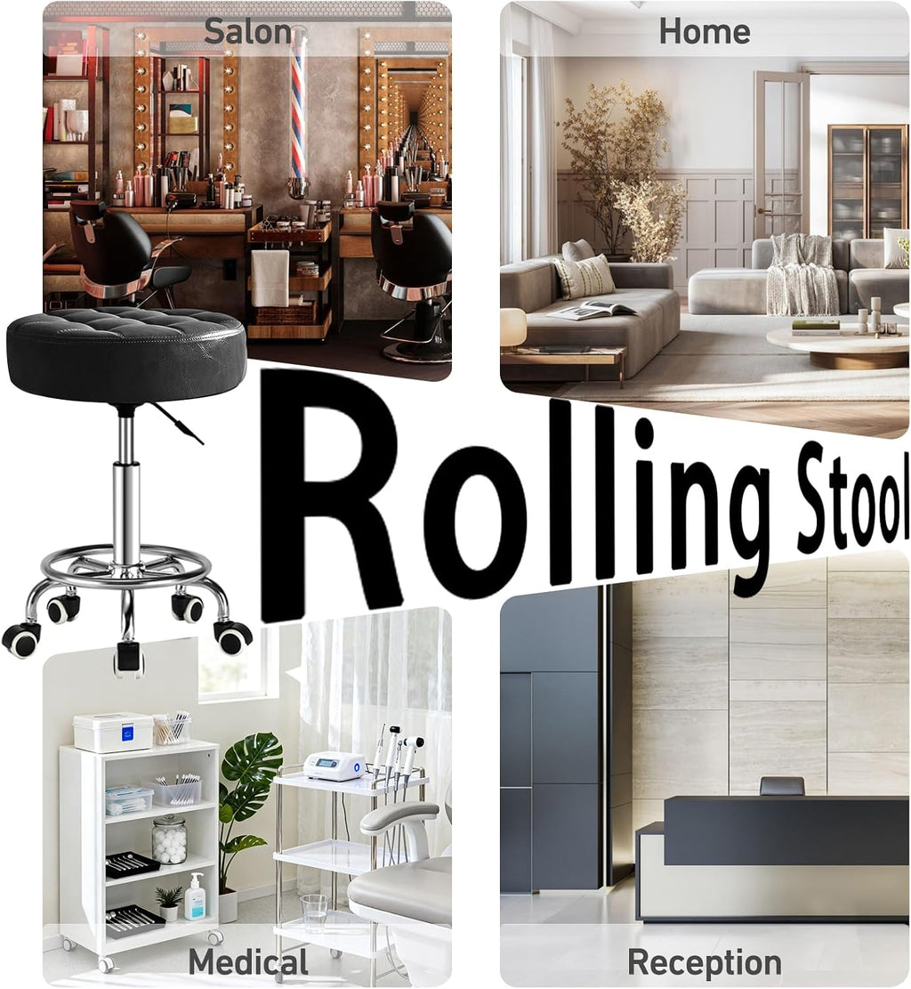 500lb Rolling Stool with Thickened Ultra Soft Padded Seat, 5-mins Easy Assembly Drafting Stool with Round Footrest, PU Leather Adjustable Swivel Stool with Wheels for Home, Office, Spa (Black)