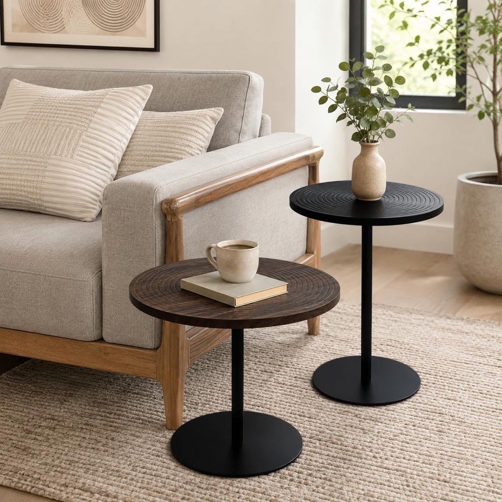 Round Side Table Set of 2, End Tables for Living Room Bedroom, Small Nesting Accent Table Nightstand with Sturdy Metal Base, Wood-Look Circular Couch Tables for Small Spaces, Walnut Brown & Black