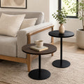 Round Side Table Set of 2, End Tables for Living Room Bedroom, Small Nesting Accent Table Nightstand with Sturdy Metal Base, Wood-Look Circular Couch Tables for Small Spaces, Walnut Brown & Black