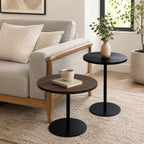 Round Side Table Set of 2, End Tables for Living Room Bedroom, Small Nesting Accent Table Nightstand with Sturdy Metal Base, Wood-Look Circular Couch Tables for Small Spaces, Walnut Brown & Black