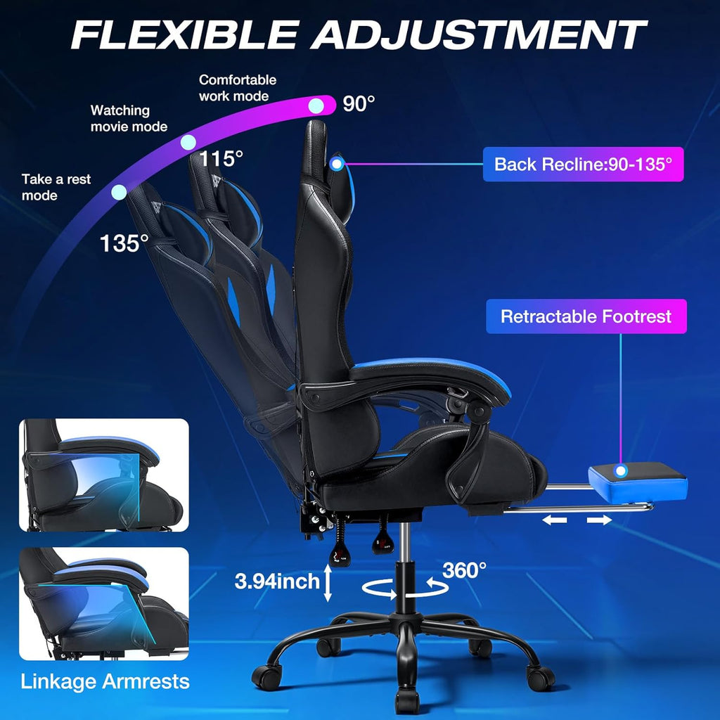 RGB Gaming Chair with LED Lights Massage Ergonomic Game Chairs for Adults High Back Reclining Computer Chair with Footrest Video Game Chair Lumbar Support Racing Style Gamer Chair Blue and Black