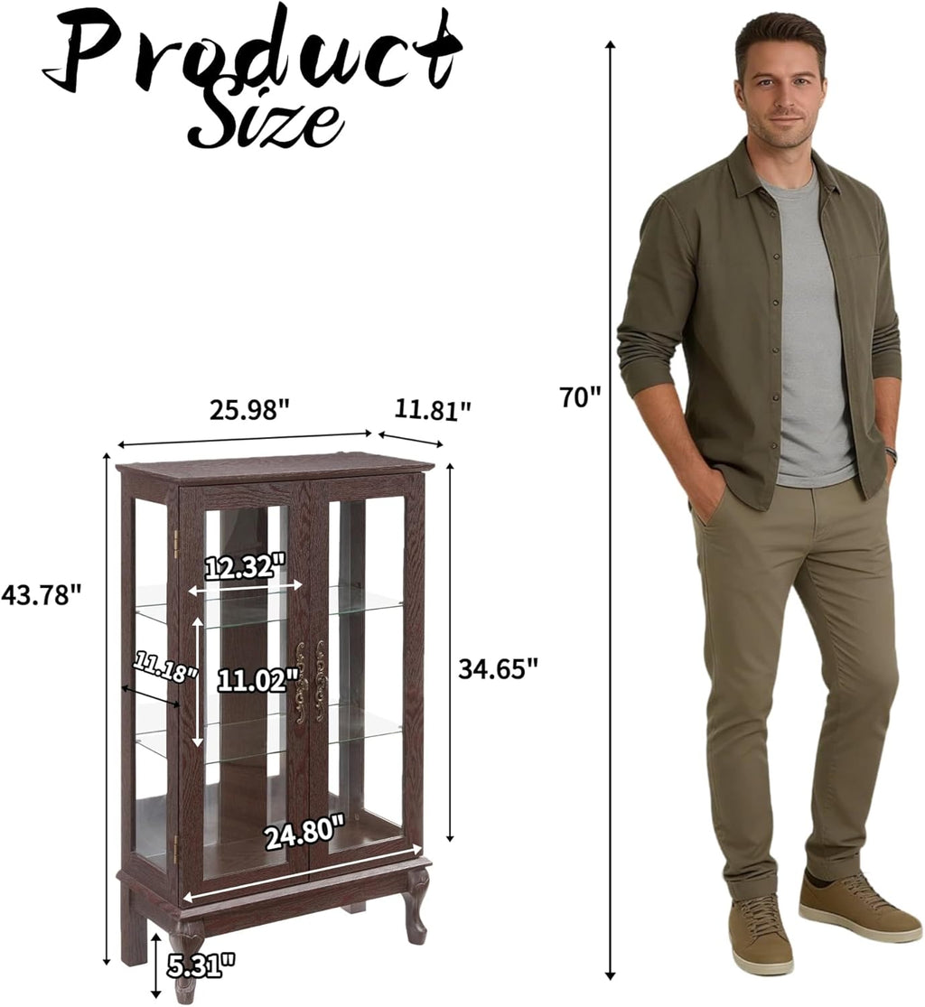 43" H Lighted Glass Curio Display Cabinet, 3-Tier Glass Storage Cabinet Curio Showcase with Adjustable Shelves,Wine Artwork Storage Rack with Mirrored Back Panel for Living Room (Dark Cherry)