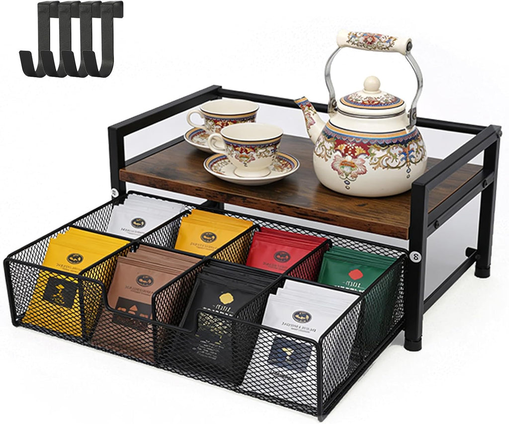Tea Bag Organizer, Tea Bag Organizers and Storage with Drawer, Tea Bag Holder Natural Wood & Metal with 8 Compartments, Tea Storage Chest Container Box for Countertop Kitchen with 4 Hooks