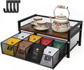 Tea Bag Organizer, Tea Bag Organizers and Storage with Drawer, Tea Bag Holder Natural Wood & Metal with 8 Compartments, Tea Storage Chest Container Box for Countertop Kitchen with 4 Hooks
