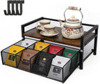 Tea Bag Organizer, Tea Bag Organizers and Storage with Drawer, Tea Bag Holder Natural Wood & Metal with 8 Compartments, Tea Storage Chest Container Box for Countertop Kitchen with 4 Hooks