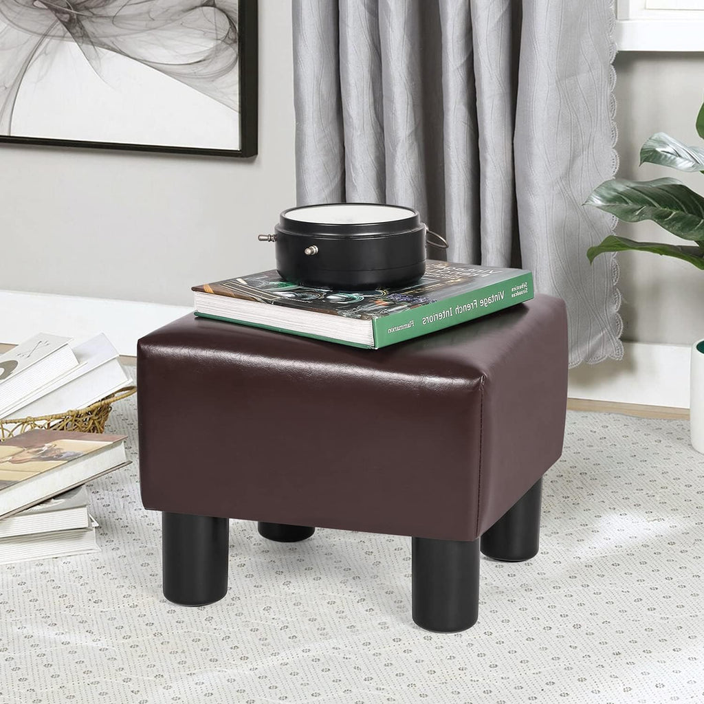 Homebeez 13" Small Footstool PU Leather Ottoman Footrest Modern Home Living Room Bedroom Square Stool with Padded Seat Plastic Legs, Dark Brown