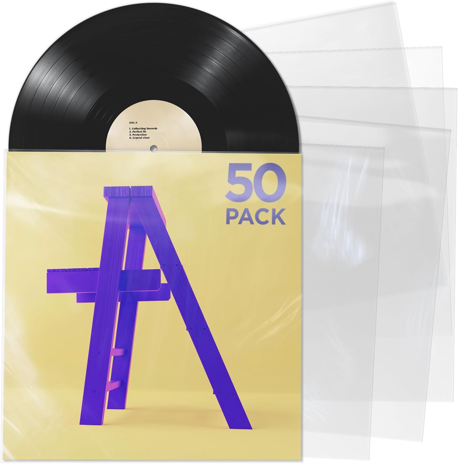 Claev Outer Record Sleeves for Album Covers - 50 Clear Plastic Outer Sleeves to Protect 12" LP Vinyl Record Albums - 12.75 x 12.75 inch & 3 mil Thick - Archival Quality for Collection Protection