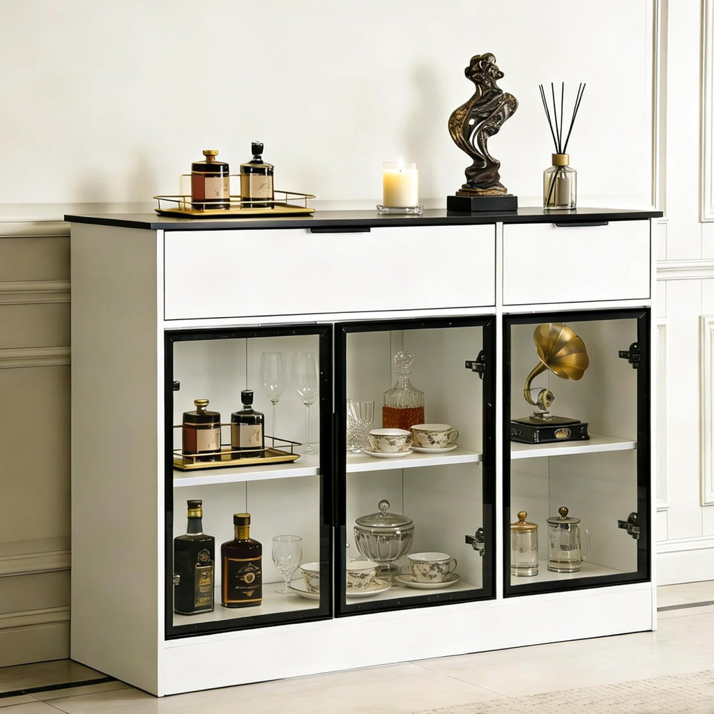 Buffet Cabinet with Drawers, Buffet Storage Cabinet with Transparent Glass Doors, Kitchen Supplies Storage Cabinet, Wooden Coffee Bar Table for Dining Room,Living Room Entrance, White