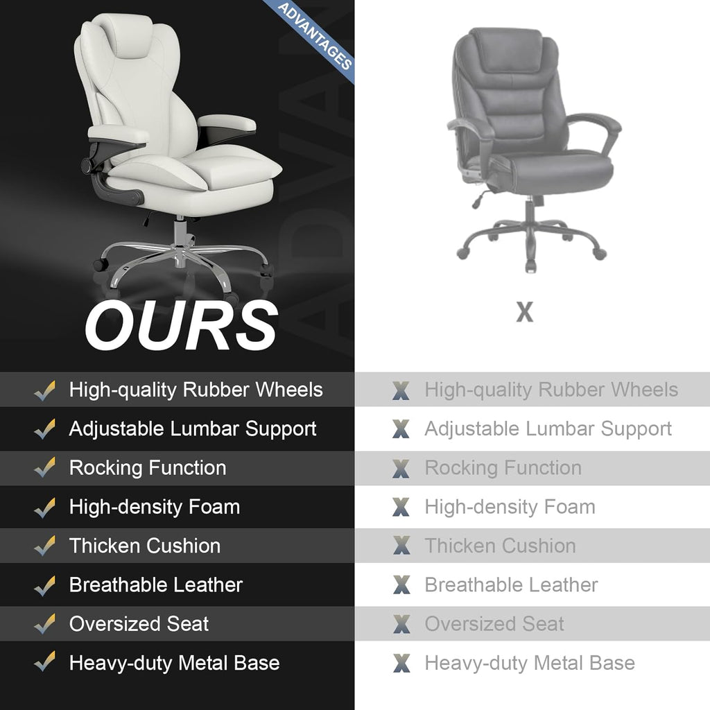 Office Chair, Home Desk Chair, Ergonomic Computer Chair with Lumbar Support, Executive Leather Chair with Flip-Up Armrests, Big and Tall Swivel Rolling Chair, White