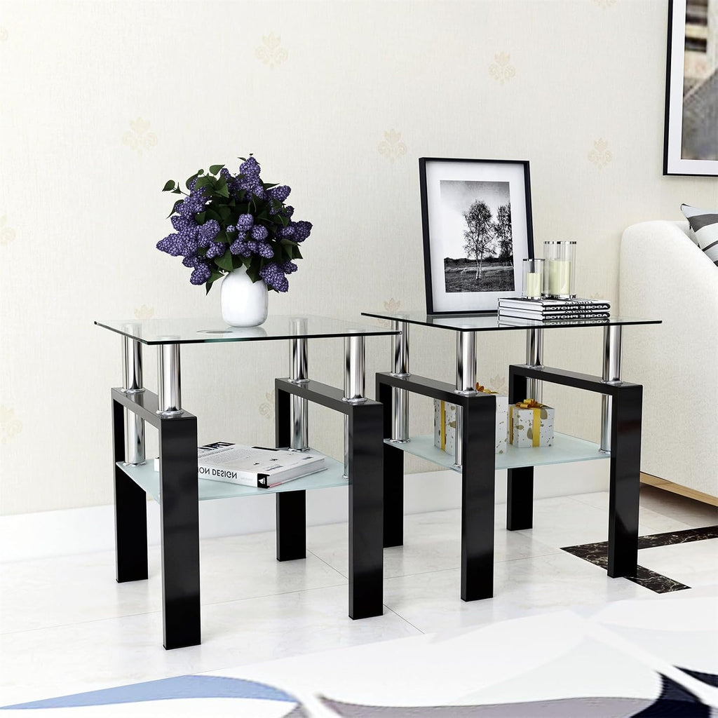 Square Glass End Table Set of 2, Clear Tempered Glass Top with Frosted Lower Shelf, Black Metal Legs, Square Sofa Side Table for Living Room Bedroom, 17.72x17.72x20.5 Inch, 150 lbs Capacit