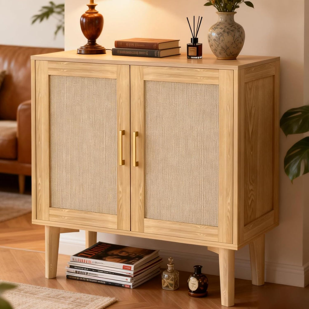 ITEFDTUTNE Rattan Cabinet, Buffet Storage Cabinet Sideboard with 2 Doors & Solid Wood Feet, for Hallway, Entryway, Living Room,or Kitchen