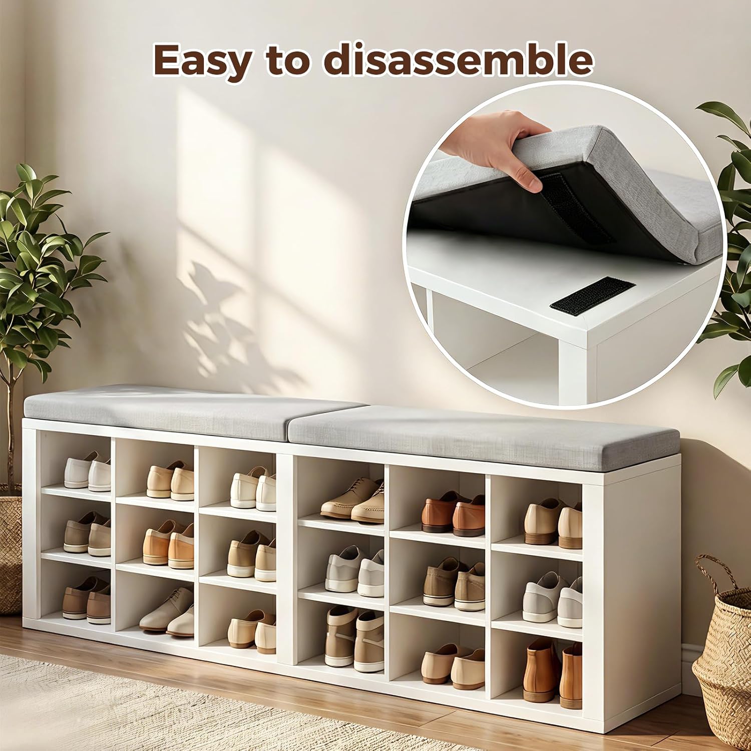 AMONIDA Shoe Storage Bench with Cushion, Entryway Bench with Shoe Storage,18 Cubby Shoe Bench with Removable Dividers, Shoe Organizer Bench for Entryway, Living Room, Light Grey (18, White)