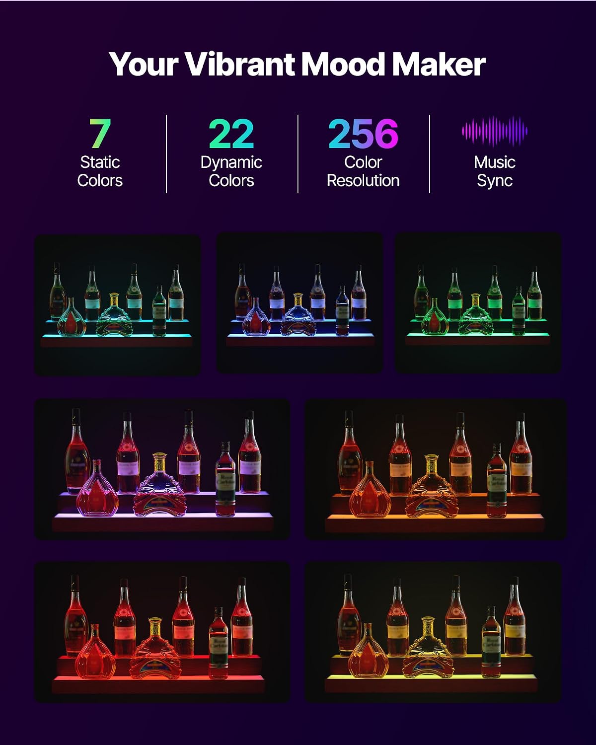 VEVOR LED Lighted Liquor Bottle Display, 2-Tier 30-Inch Whiskey Rack, Support USB, Illuminated Home Bar Shelf with RF Remote & App Control, 7 Static Colors, Acrylic+ Wood Lighted Shelf for 15 Bottles