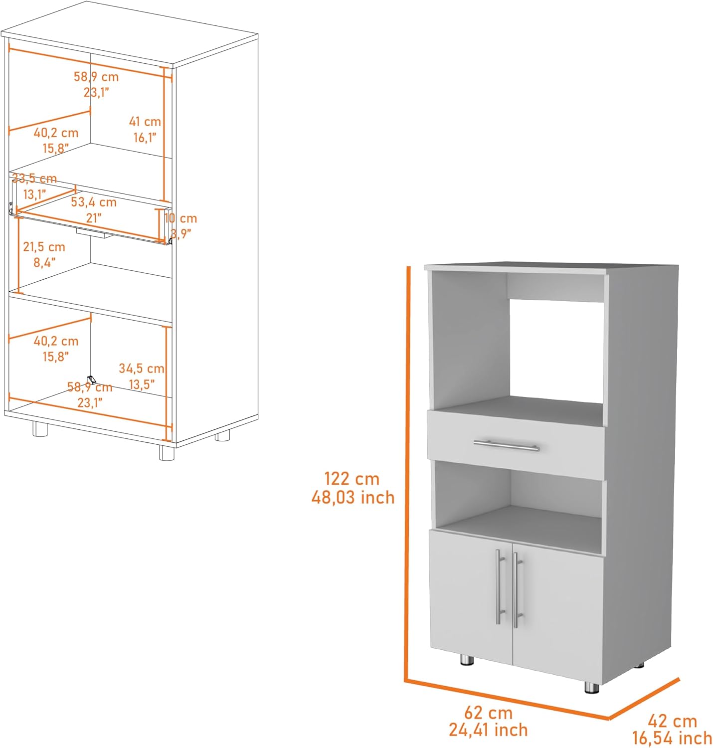 24.4" D*16.5" W*48.03" H Freestanding Kitchen Pantry with 2 Open Shelves, Single Door, Rectangular Storage Cabinet, Modern Minimalist, for Living Room, Dining Room, White
