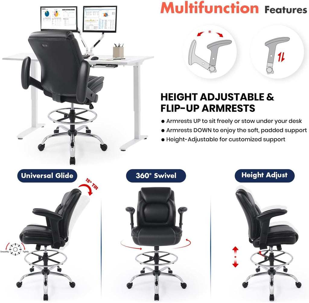 Ergonomic Mid-Back Premium Faux Leather Adjustable Drafting Chair with Multi-Function Arms and Foot Ring, Standing-Desk Matched Tall Swivel Computer Office Stool, Black