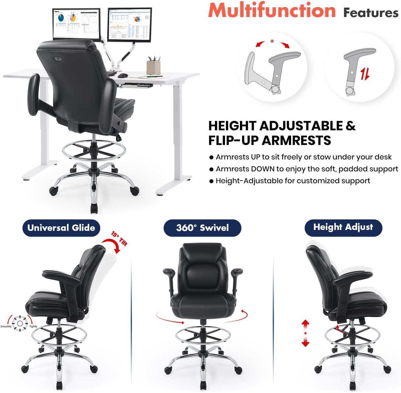 Ergonomic Mid-Back Premium Faux Leather Adjustable Drafting Chair with Multi-Function Arms and Foot Ring, Standing-Desk Matched Tall Swivel Computer Office Stool, Black