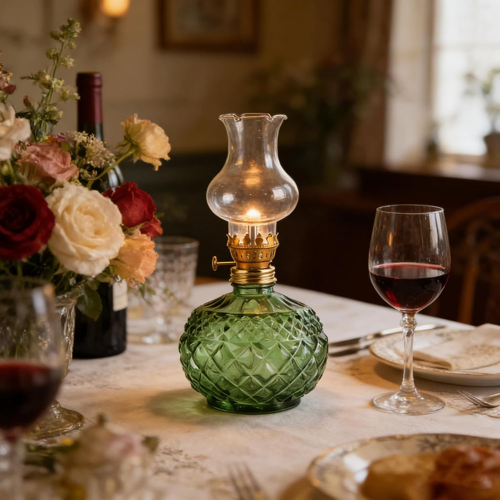 Vintage Style Oil Lamp with Glass Candle Holder, Glass Chamber Oil Lamp – Vintage GlassKerosene Lantern with Adjustable Wick, for Living Room and Bedroom Ambiance (White)