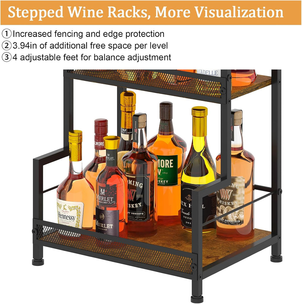 Hayexiha 4-Tier Stepped Freestanding Wine Rack, Large Capacity Liquor Cabinet with Anti-Fall Guardrails and Rounded Corners, Bottle Display Shelf & Mini Bar for Living Room, Home Bar, Kitchen Corner