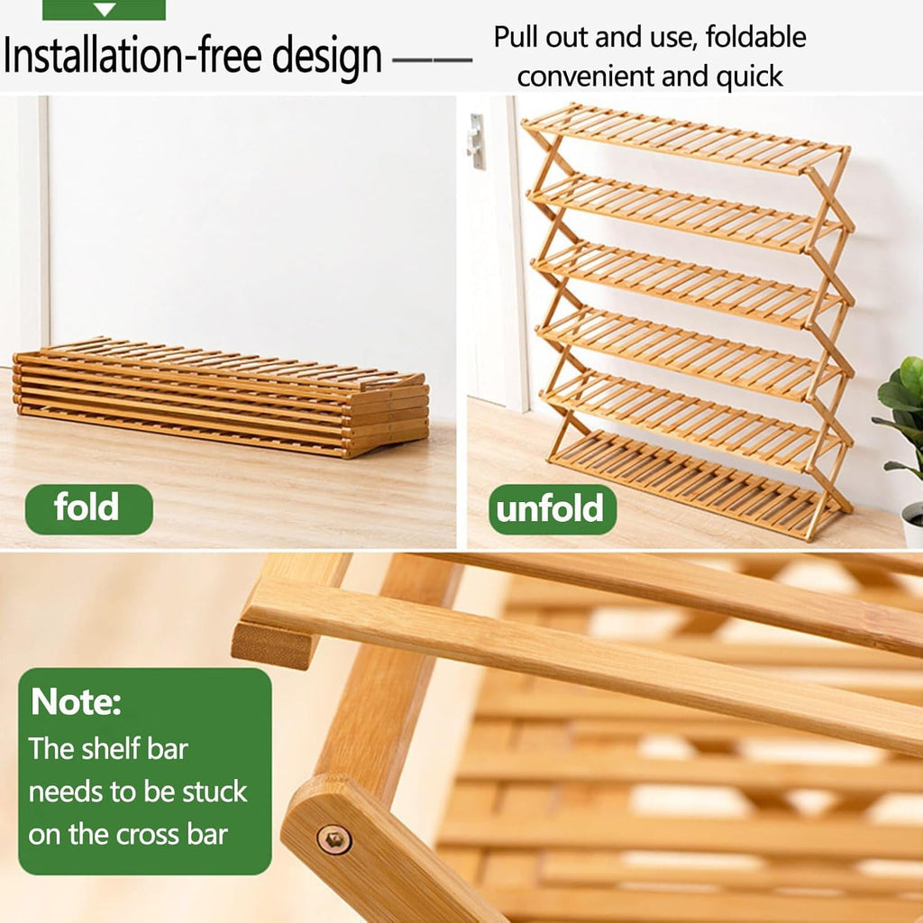 6-Tier Bamboo Shoe Rack - Large Capacity Folding Shoe Organizer for Home, Stylish Wooden Storage Cabinet, Space-Saving Design, Perfect for Entryway & Closet