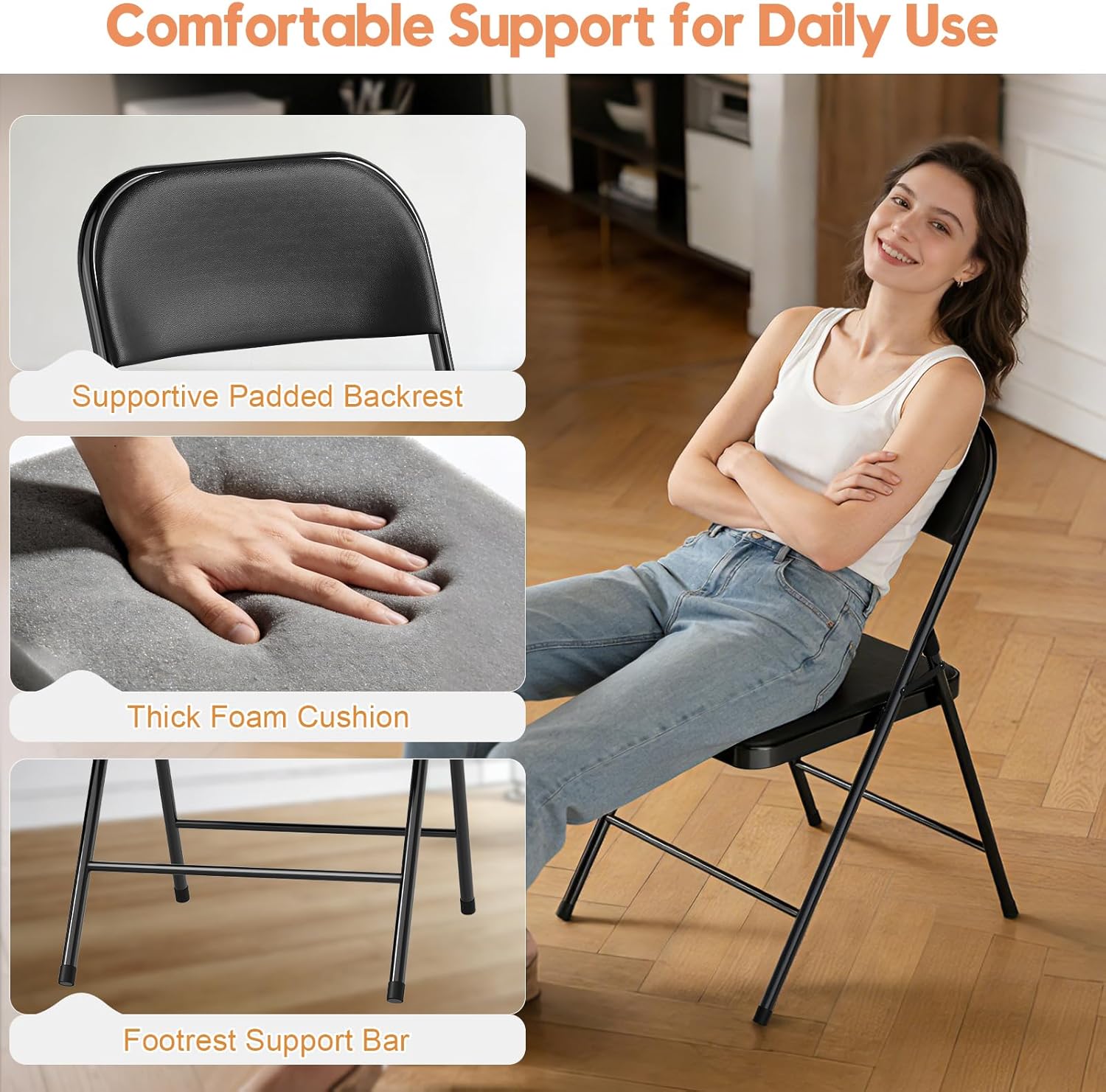 4 Pack Black Folding Chairs with Padded Cushion & Backrest, Comfortable Cushioned Seat with Durable Metal Frame, Portable Stackable Foldable Chair for Home, Office, Party, Indoor & Outdoor Events