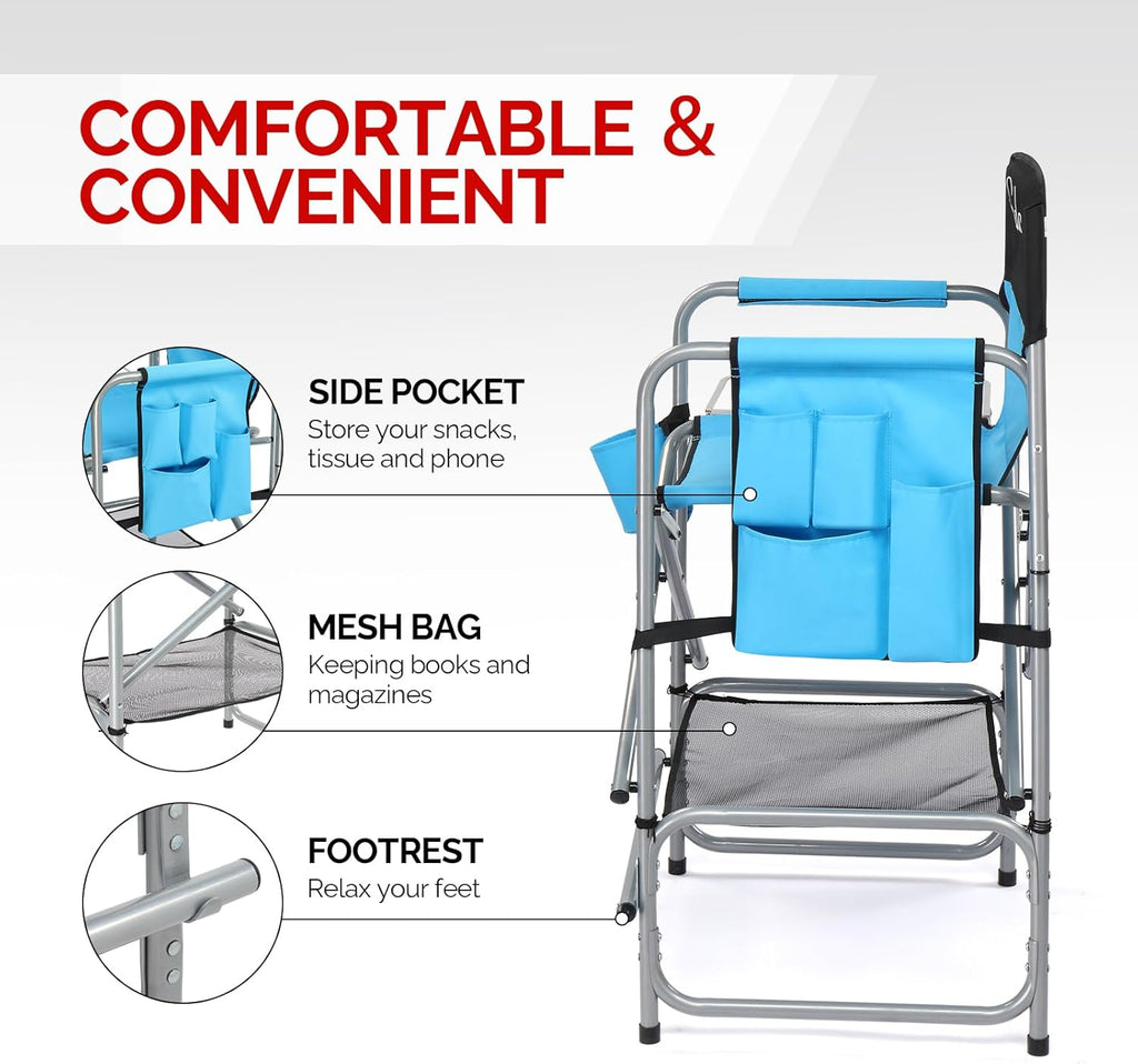 OmySalon 26" Extra Tall Director Chair w/Side Table, Heavy-Duty Steel Frame Portable Folding Bar Stool w/Storage Pockets, for Makeup Artist, Salon, Studio, Camping, 301 lbs Capacity (Navy)