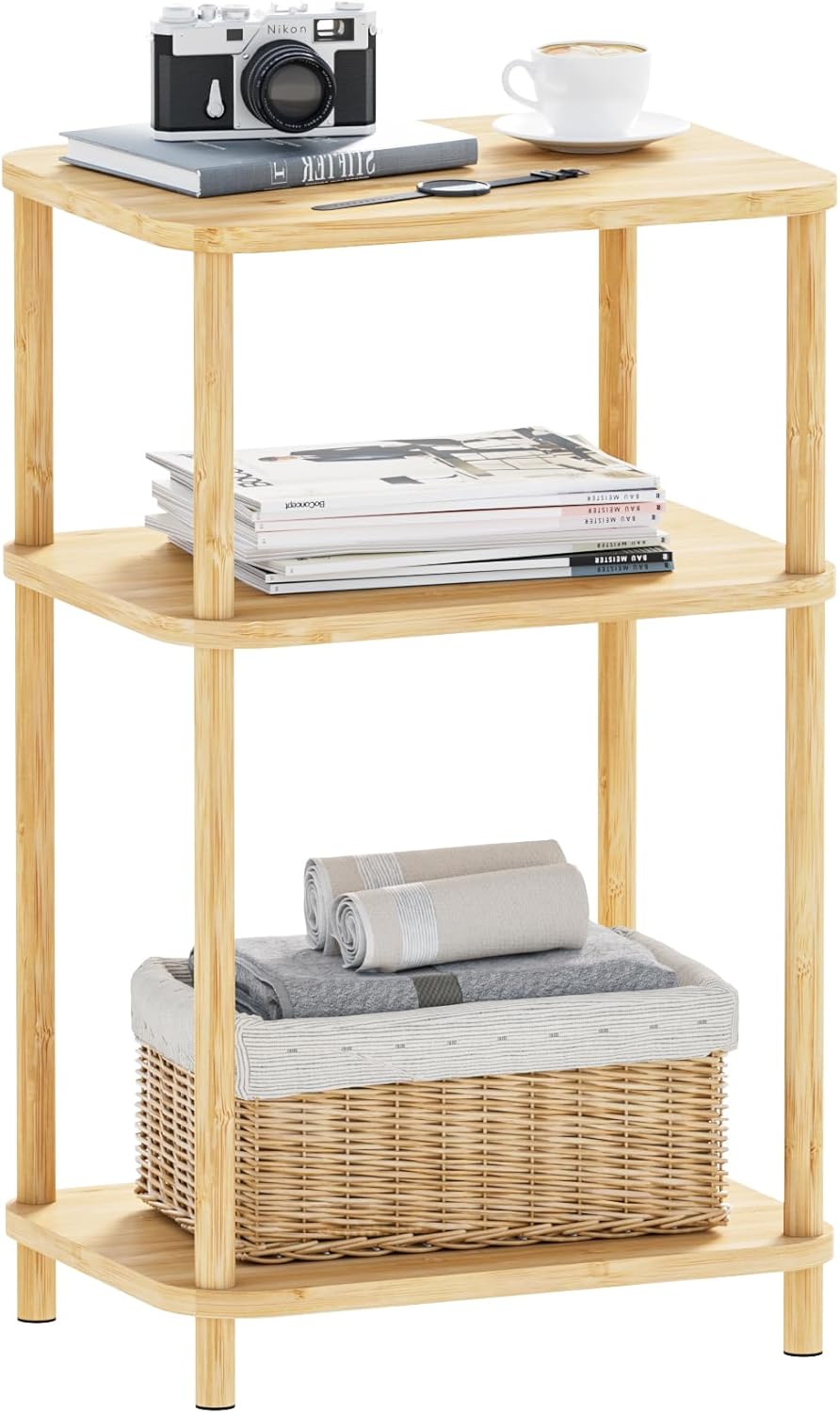 Bamboo End Table, Side Table for Small Space with Storage Shelf, Small Table Stand, Narrow Wooden Bedside Table Nightstand, Toolless Assembly, for Nursery, Living Room, Bedroom, Natural