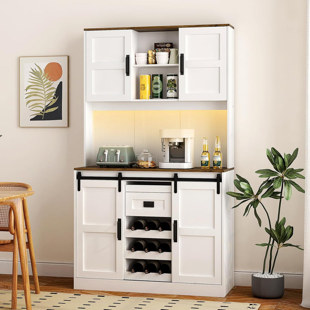 74" High Kitchen Pantry Cabinet, Large Kitchen Buffet with U+B Charging Port, 3 Shelves and 1 Drawer for Dining Room, Living Room, White