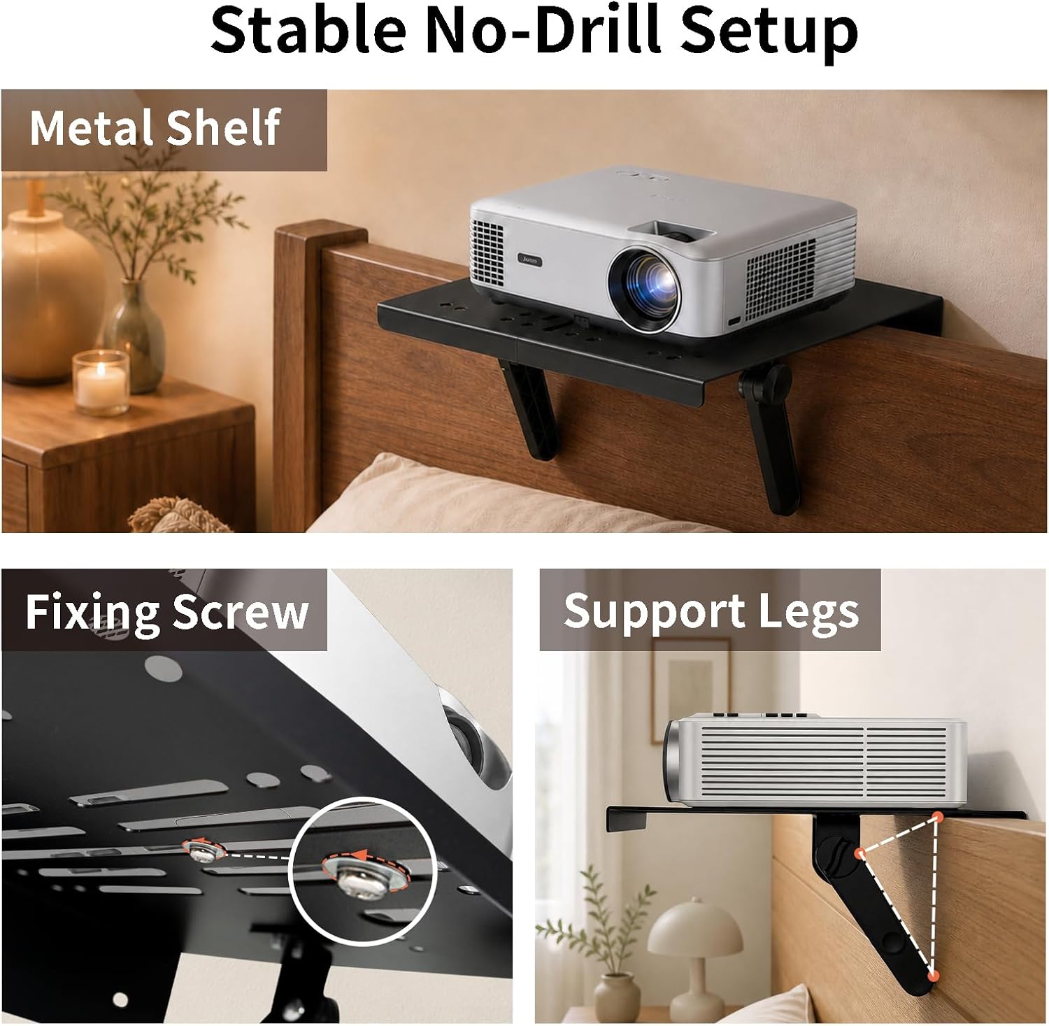 Projector Shelf, No Drill Projector Mount for Bed Frame & Sofa, 12x9.5 Inch, Movable with Wall Mount Option for Projector Shelf